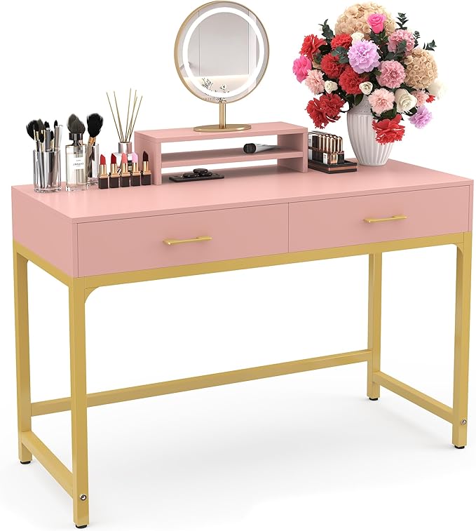 WESTREE Women Makeup Vanity Desk with 2 Drawers - Bedroom Home Office Desk Wooden Height Monitor Stand &amp Storage Shelf Without Mirror Pink Table Great Gift for Her
