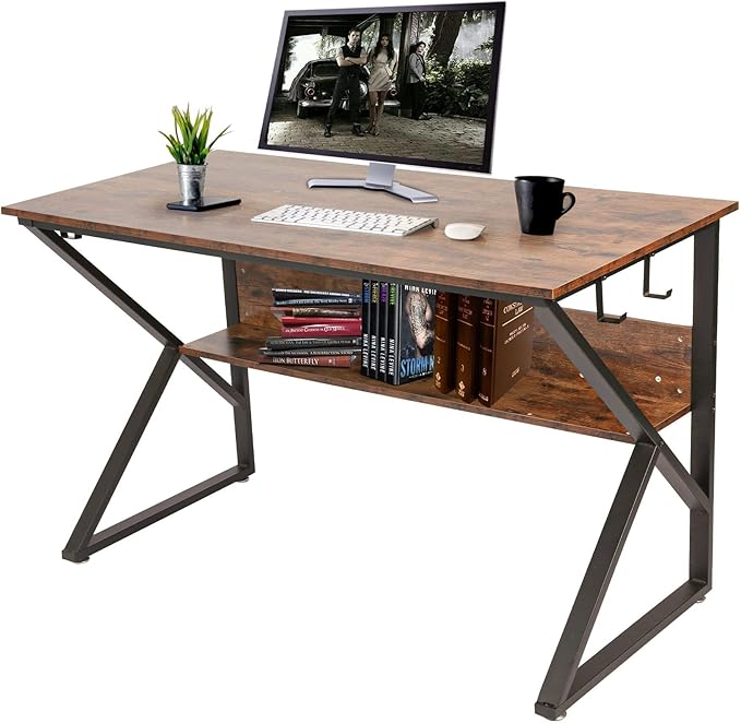 Computer Desk Office Desk PC Table 47 ”- Industrial Rustic Wood Grain with Storage Shelf with 4 Hooks Metal Frame Foot Pad 110lbs Home Reading Study Writing for Bedroom …