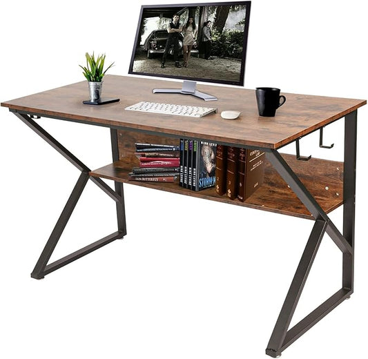 Computer Desk Office Desk PC Table 47 ”- Industrial Rustic Wood Grain with Storage Shelf with 4 Hooks Metal Frame Foot Pad 110lbs Home Reading Study Writing for Bedroom …