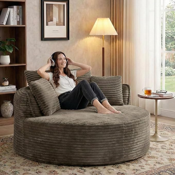 54-inch Oversized Round Chaise Longue Chair Indoor Modern Upholstered Corduroy Deep Seat Circle Cloud Chair Single Boneless Reading Chair for Living Room Bedroom Apartment Camel