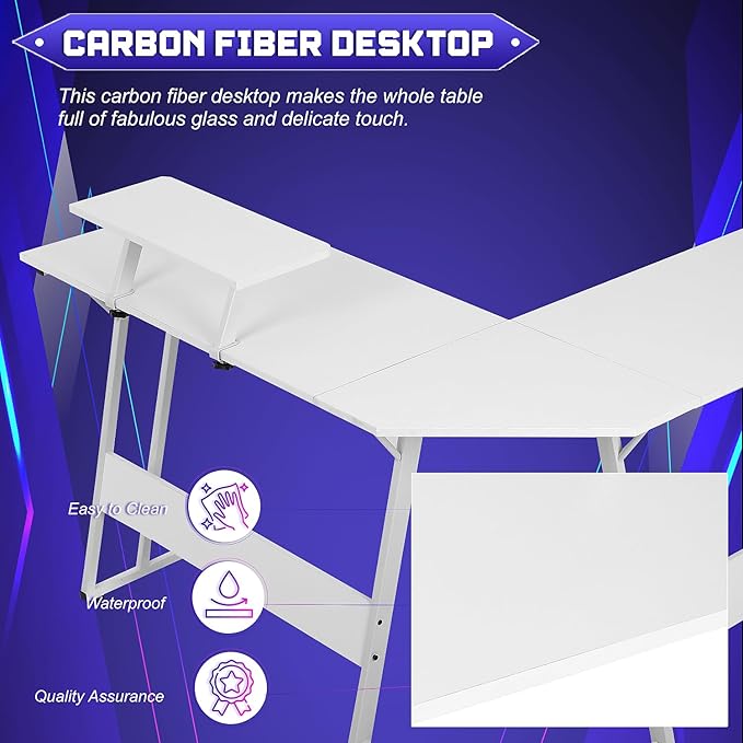 NChanmar L Shaped Gaming Desk with Monitor Riser Stand Home Office Corner Desk for Studying Working and Gaming Large Desktop White