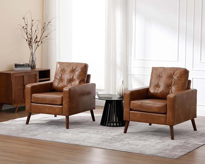 VESCASA Tufted Accent Arm Chairs with Wood Legs Faux PU Leather Comfy Upholstered Single Sofa Mid Century Modern Side Club Leisure Chairs for Reading/Living Room/Bedroom Set of 2 Caramel