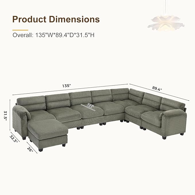 135” Modular Sectional L Shaped Corner Sofa with Movable Ottoman Corduroy 8-Seater Couches with Thick Cushion for Living Room Green