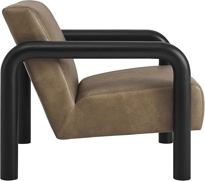 Modway Sereno Modern Vegan Leather Accent Chair in Mushroom Black with Rounded Wood Armrests – Faux Leather Lounge Chair for Living Room or Bedroom