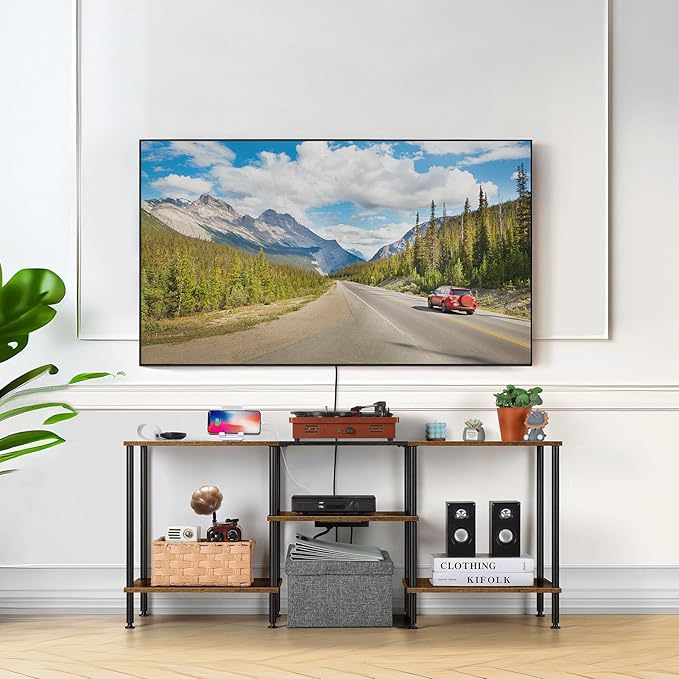 OYEAL Small TV Stand for Bedroom up to 50 inch Farmhouse TV Media Entertainment Center with Power Outlets &amp Storage Shelf Rustic TV Console Table for Living Room Rustic Brown