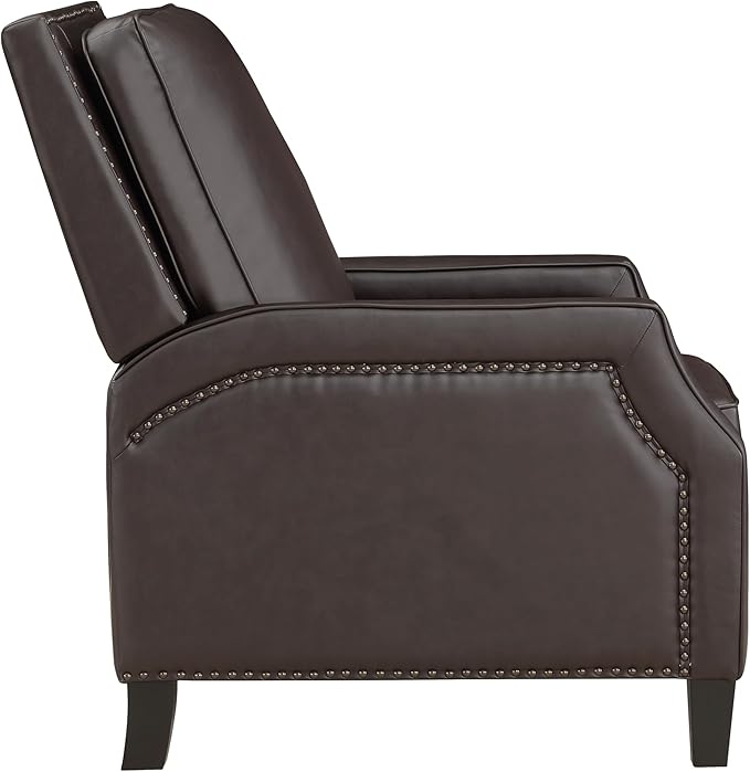 Push Back Reclining Chair Dark Brown Faux Leather Modern Living Room Chair for Relaxation Solid Wood Frame