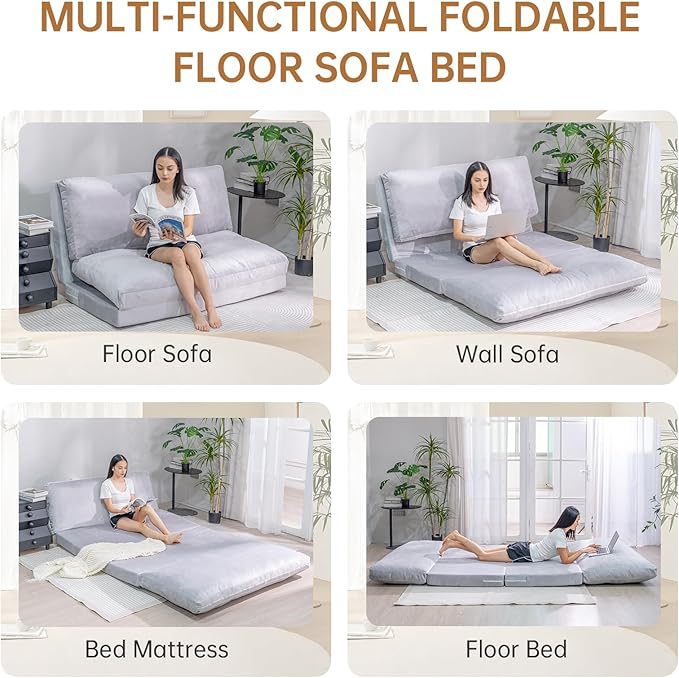 Tantohom Floor Sofa Bean Bag Bed Foam Filling Fold Full Mattress with Washable Soft Faux Fur Cover Couch for Bedroom Living Room (Grey Large)