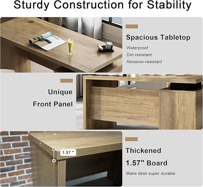 Modern Executive Desk with Lateral File Cabinet Sleek Office Stand Up Desk for Home Office Computer Desks Drawers Workstation Walnut