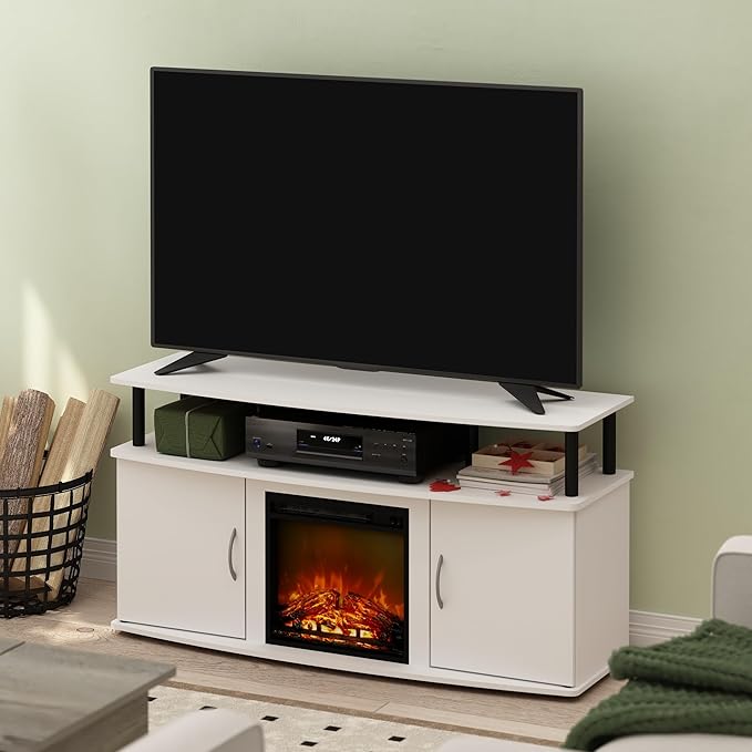 Furinno Jensen TV Stand Entertainment Center TV Console for TV up to 55 Inch with Fireplace and Open Shelf Storage Cabinet for Living Room Bedroom Plain White