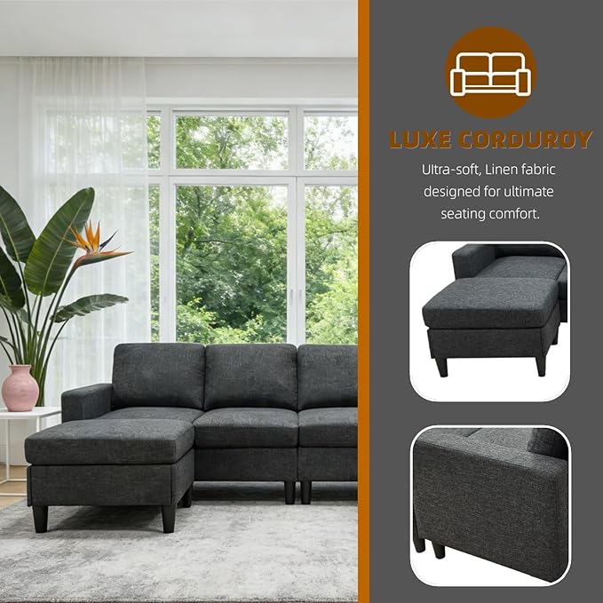 101 L-Shape Modular Sectional Couch Convertible Linen Couch with 2 Ottomans Modern 4 Seater Upholstered Modular Sectional Sofa for Apartment Living Room Charcoal Black