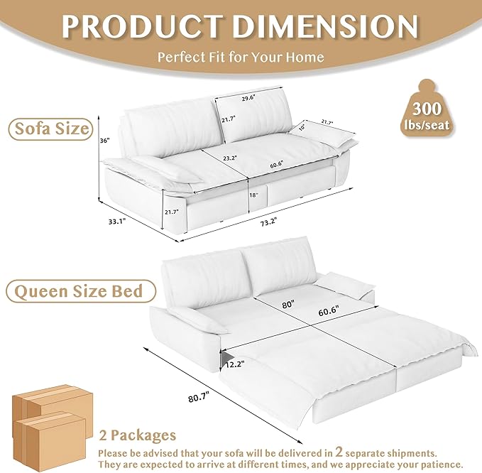 73.2 Sleeper Sofa Bed Queen Size 3-in-1 Convertible Couch Modern Pull Out Couches Comfy Corduroy Futon Sofa Cloud Loveseat Lounge Pillow Arm for Living Room Apartment Dark Blue
