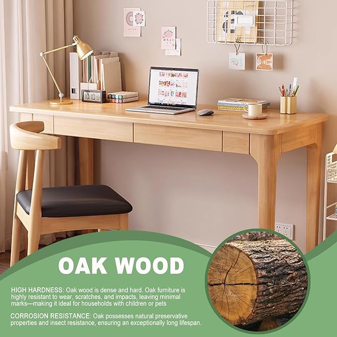 Solid Wood Desk with Drawers Writing Study Table for Small Spaces Mid Century Versatile Home Office Computer Workstation Wooded Vanity Table for Bedroom