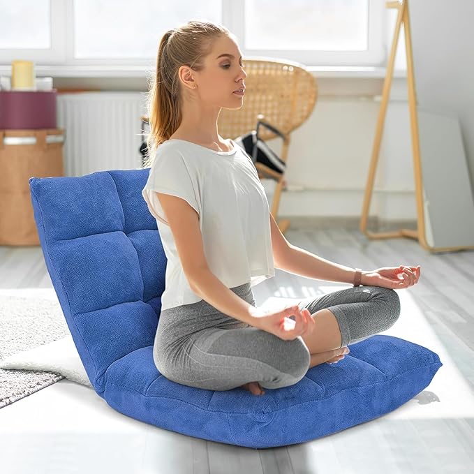 KOMFOTT 14-Position Adjustable Floor Chair with Back Support - Folding Padded Gaming Sofa Chair for Reading Meditation Living Room Lazy Lounge Video Gaming - Blue