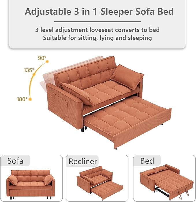 3 in 1 Convertible Sleeper Sofa BedFuton Pull Out Couch with Adjustable BackrestVelvet Fabric Loveseat Sofa with Side Pocket for Bedroom Living Room (Orange)
