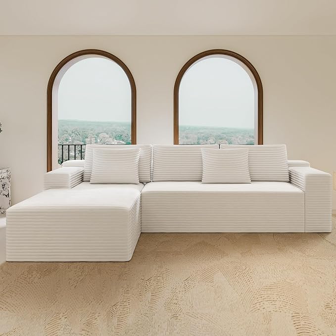 White sectional couches for Living Room Corduroy Couch104 Cloud Sectional Couch with L-Shape Chaise Modern Modular Sofa Deep Seat Comfort No Assembly Required(Plush Corduroy Fabric)