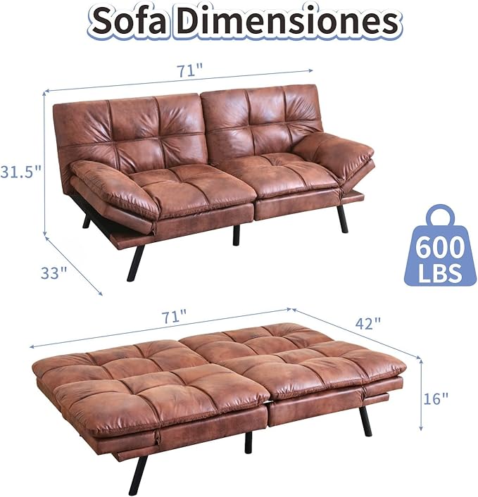 MUUEGM Brown Futon Sofa Bed Leather Memory Foam Modern Office Couch Sleeper Bed Convertible Love seat Sofa for Small SpacesApartmentOffice with Adjustable Armrest Backrest