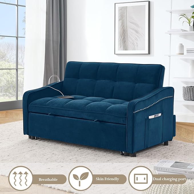 Sleeper Sofa Couch with Type C USB Port 3 in 1 Modern Comfy Velvet Convertible Loveseat Sofa w/Pull Out Bed Curved Armrest for Small Space Livingroom Apartment Office Blue