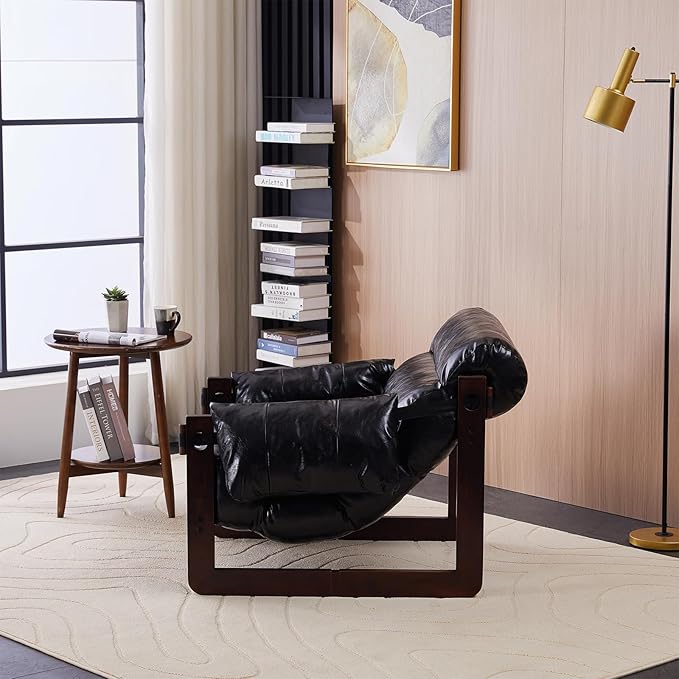 Mid-Century Modern Lounge Accent Chair Oil Waxed Leather Comfy Armchair with Thicked Cushion &amp Removable Armrests Upholstered Cozy Sofa Chairs for Living Room Bedroom Apartment Offices(Black)