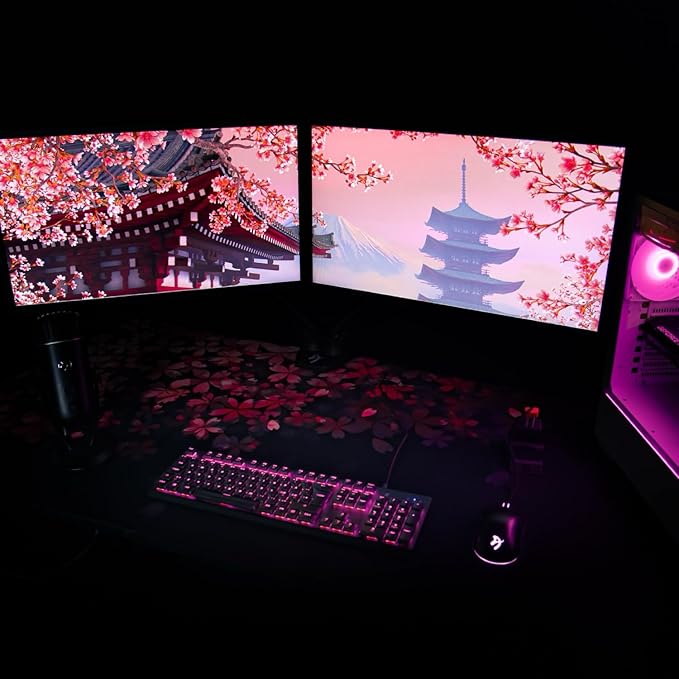 Arozzi Arena Special Edition Ultrawide Curved Gaming and Office Desk with Full Surface Water Resistant Desk Mat Custom Monitor Mount Cable Management Cut Outs - Flower