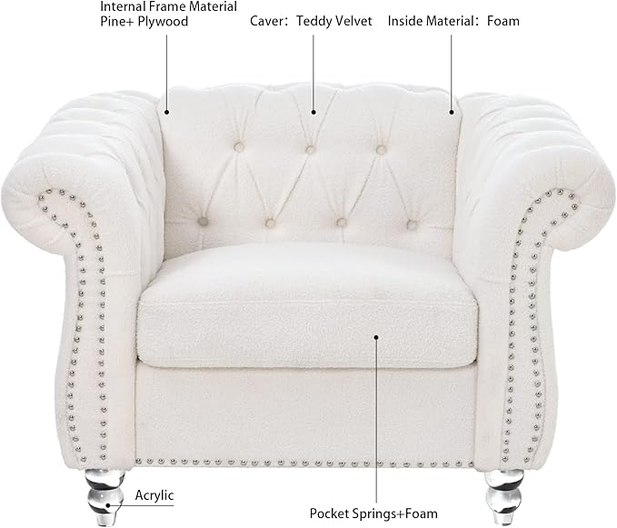 Oversized Chesterfield Chair Upholstered Accent Chair with Tufted Back Club Chair for Living Room Bedroom Gothic Victorian (White-p)