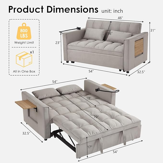 Loveseat Sleeper Sofa 3 in 1 Convertible Sofa Bed Adjustable Backrest Comfy Pull Out Couch Modern Upholstered Sofa for Living Room Bedroom Apartment Small Space (Grey with Side Table)