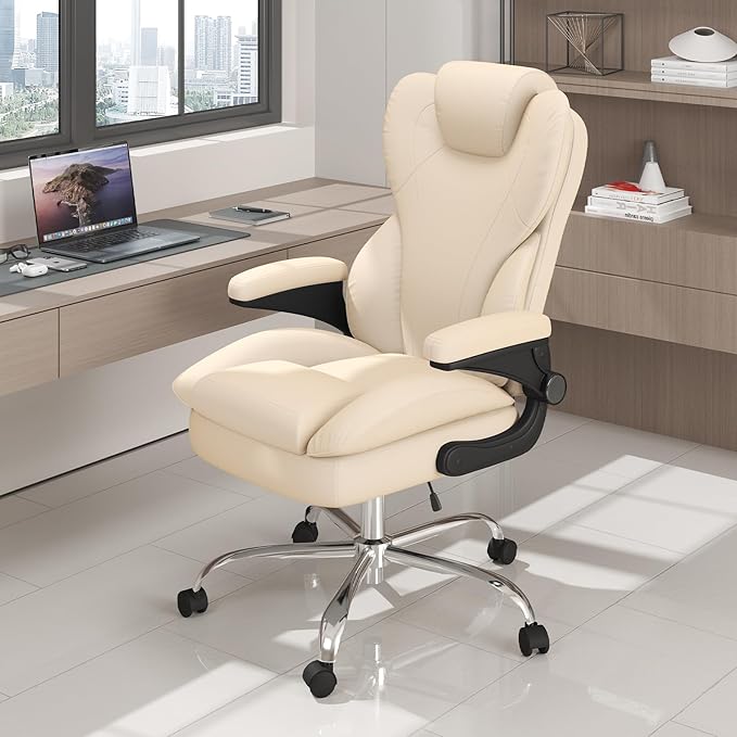 Office Desk Chair Executive Leather Office Chair High Back Ergonomic Home Desk Chair with Padded Flip-up Arms Big and Tall Computer Chair with Rocking Function 360°Swivel Free Beige