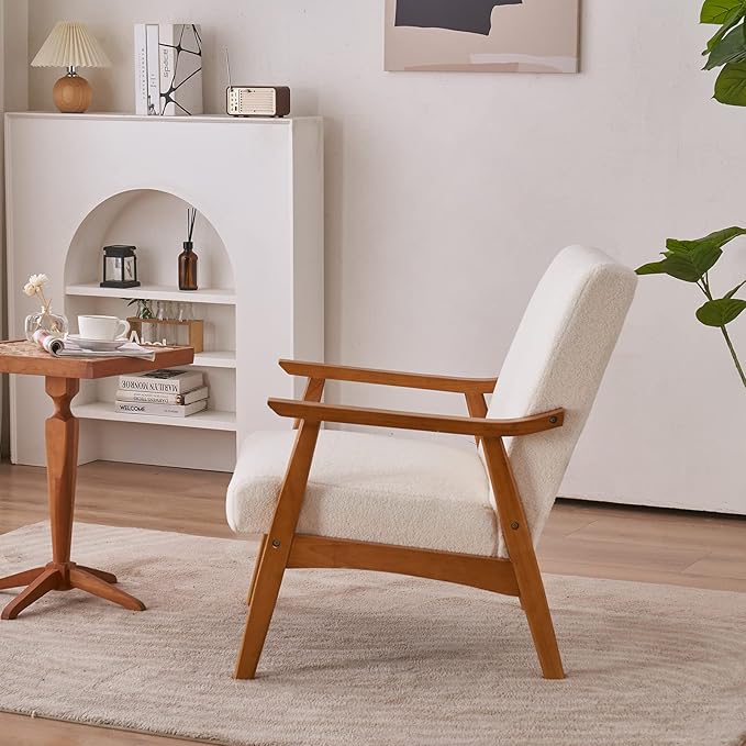 Accent Chair for Living Room Mid-Century Modern Lounge Chair with Solid Wood Legs Comfortable Reading Armchair for Office Apartment Bedroom Waiting Room Off-White