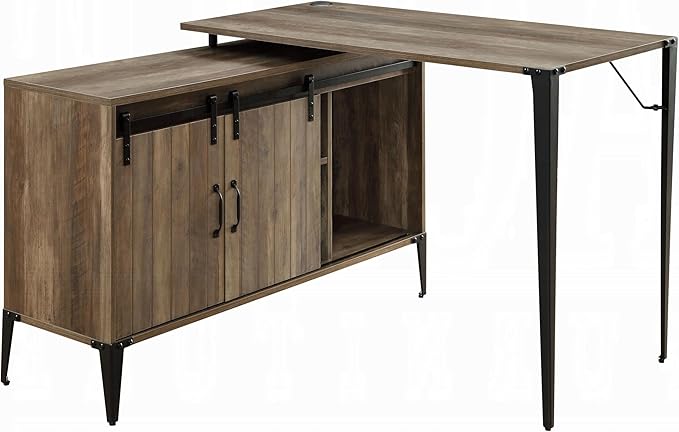 Rustic Oak Computer Writing Work Study Desk with Sliding Barn Door Office Table for Study and Home Office