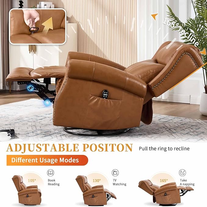 360° Swivel Glider Chair for Nursery Wingback Genuine Leather Rocking Recliner with Lumbar Heat &amp Massage 8-Point Vibration Massage for Living Room Bedroom