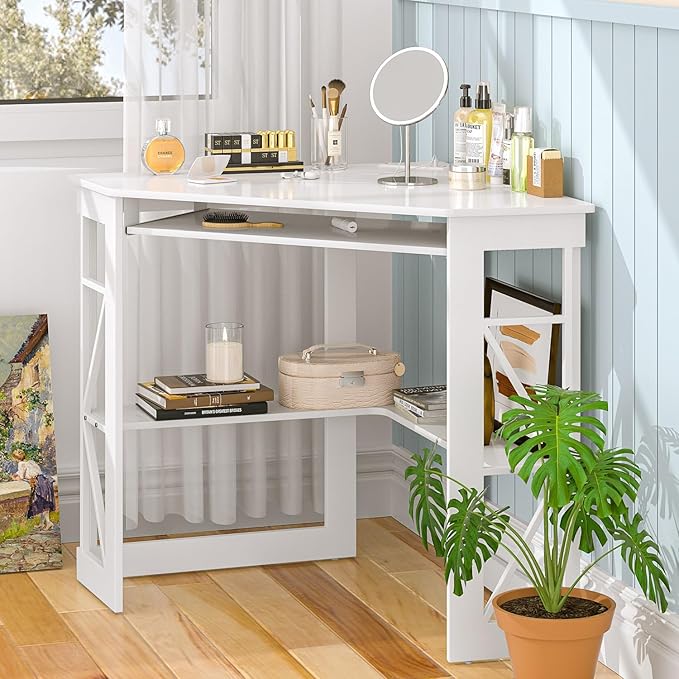 VECELO Corner Computer Desk 41x30 inches with Charging Station &amp Keyboard &amp Storage Shelves for Small SpaceTriangle Table for Home Office BedroomWhite