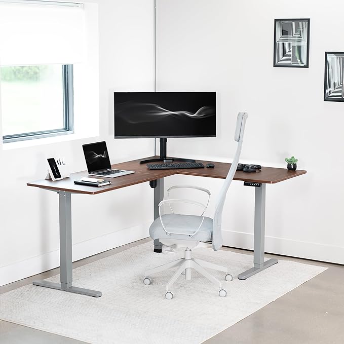 VIVO Corner Standing Desk 63 x 55 inch Reversible L-Shaped Workstation Electric Height Adjustment Home Office and Reception Rooms Dark Walnut Table Top Gray Frame DESK-E3CTGD