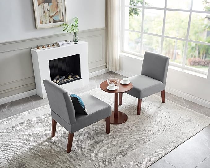 Fabric Accent Chair Set - Armless Linen Fabric Side Chair of 2 with Round Wood Side TableModern Slipper Chair for Living Room Bedroom and Office (Grey)