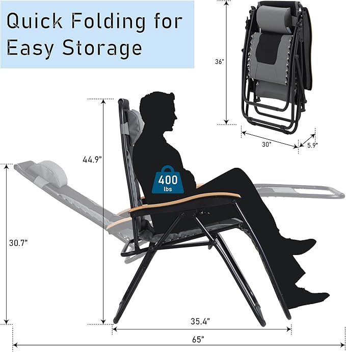 PHI VILLA XXL Oversized Padded Zero Gravity Chair Foldable Patio Recliner 30 Wide Seat Anti Gravity Lounger with Cup Holder Support 400 LBS (Black 1Pcs)