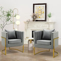 X-VOLSPORT Velvet Accent Barrel Chairs Set of 2 Modern Arm Club Chair Set with Pillow for Living Room/Bedroom/Guest Reception Channel Tufted Gold Finish Base Grey