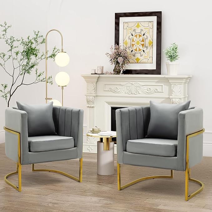 X-VOLSPORT Velvet Accent Barrel Chairs Set of 2 Modern Arm Club Chair Set with Pillow for Living Room/Bedroom/Guest Reception Channel Tufted Gold Finish Base Grey