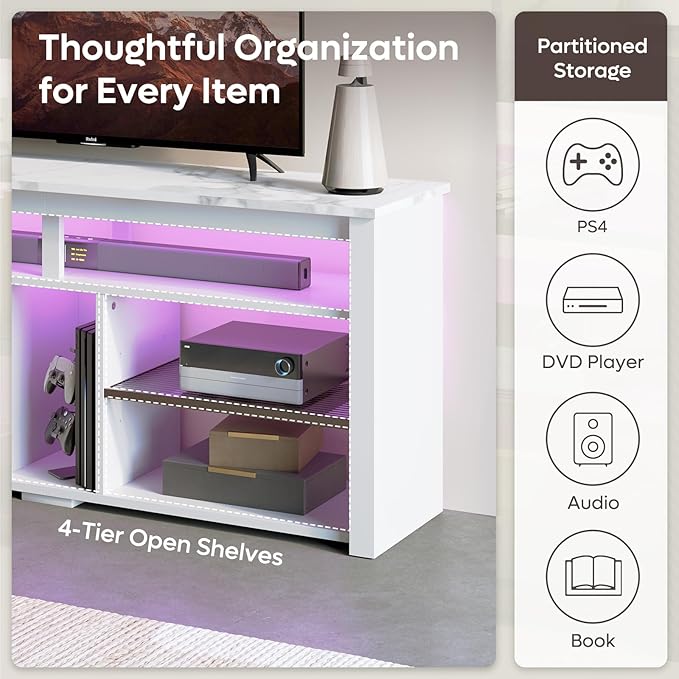 Bestier LED Tall Entertainment Center for PS4 55 inch TV Stand for 55/60/65 inch TV TV Console with Storage Media TV Cabinet with Adjustable Shelf for Living Room White Marble