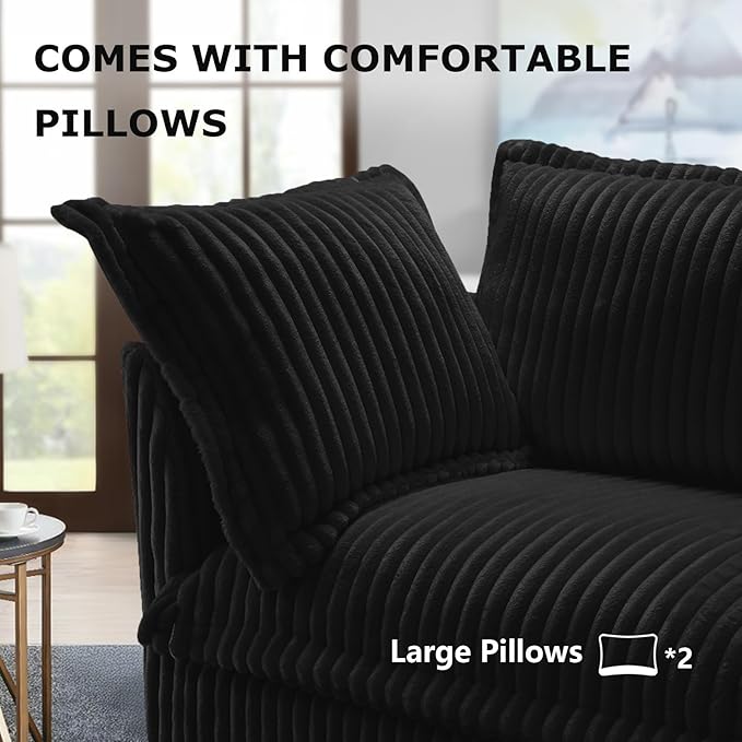 49''W Corduroy Chaise Lounge Chair Indoor Oversized Upholstered Sleeper Sofa with Movable Ottoman and 2 Pillows Removable Sofa Cover for Living Room Home Theater Apartment(Black)