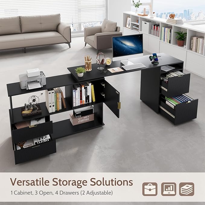 L-Shaped Desk with Drawers &amp Power Outlet 180 Rotating Corner Computer Desk with Storage 66 Inch Office Desk with 5-Drawer Space-Saving Modern L-Shaped Workstation for Home Office