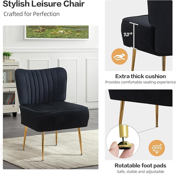Accent Chair Set of 4 Upholstered Velvet Wingback Side Chairs Modern Armless Living Room Chairs with Golden Legs Vanity Chair for Bedroom Black