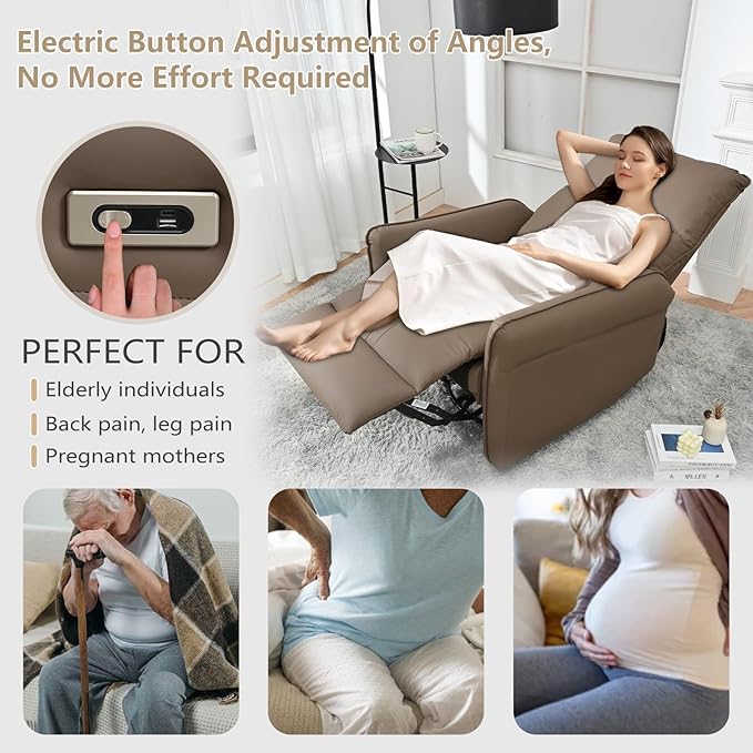 cinkehome Power Swivel Rocker Recliner with USB Overstuffed Electric Reclining Chair Faux Leather Rocker Recliner for Nursery Living Room Brown