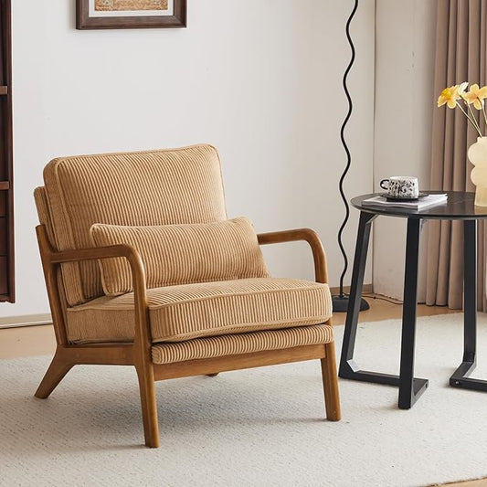 Karl home Mid-Century Modern Accent Chair Living Room Chairs with Pillow Upholstered Lounge Armchair with Solid Wood Frame &amp Soft Cushion for Bedroom Reading Room Corduroy Khaki (Low Back)