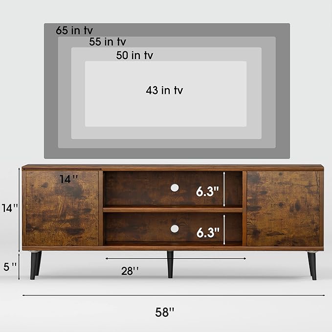 JUMMICO TV Stand for 65 Inch TV Mid Century Modern TV Stand Entertainment Center with Storage Cabinet and Open Shelves TV Console Table Media Cabinet for Living Room and Bedroom (Rustic Brown)