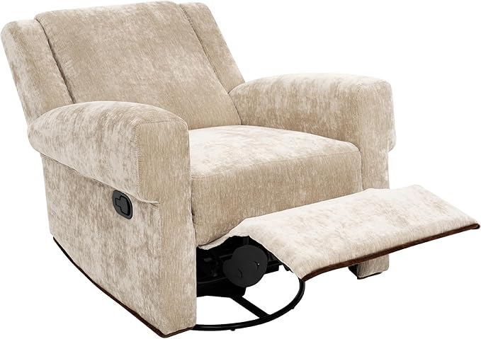 Merax Manual Recliner Chair with Swivel and Rocker 2-Position Chenille Recliner Sofa with Pull Handle Compact Recliner for Living Room Nursery Home Theater Brown