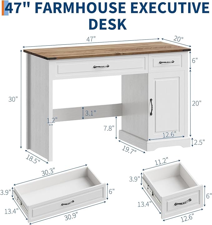 CuisinSmart 47 Farmhouse Executive Desk with Drawers Wooden Home Office Desks with Storage Cabinet Rustic Computer Desk for Working Studying Writing White