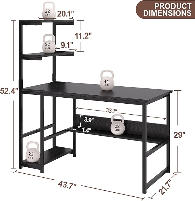 L-Shaped Computer Desk with 4-Tier Storage Shelves 43 inch Writing Desk with Bookshelf for Home Office Reversible Corner Gaming Desk for Bedroom Black (Black)