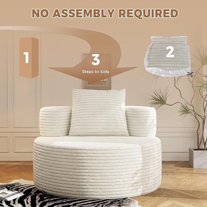 37.4 Boneless Round Chair Oversized Chaise Lounge Cloud Chair Indoor Upholstered Corduroy Deep Seat Sofa Accent Chair No Assembly Required for Living Room Bedroom Apartment