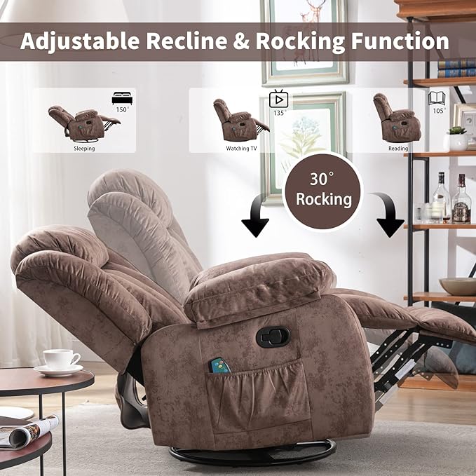 CANMOV Massage Rocker Recliner with Heat and Vibration 360 Degree Swivel Manual Antiskid Fabric Single Sofa Heavy Duty Reclining Chair for Living Room Dark Brown