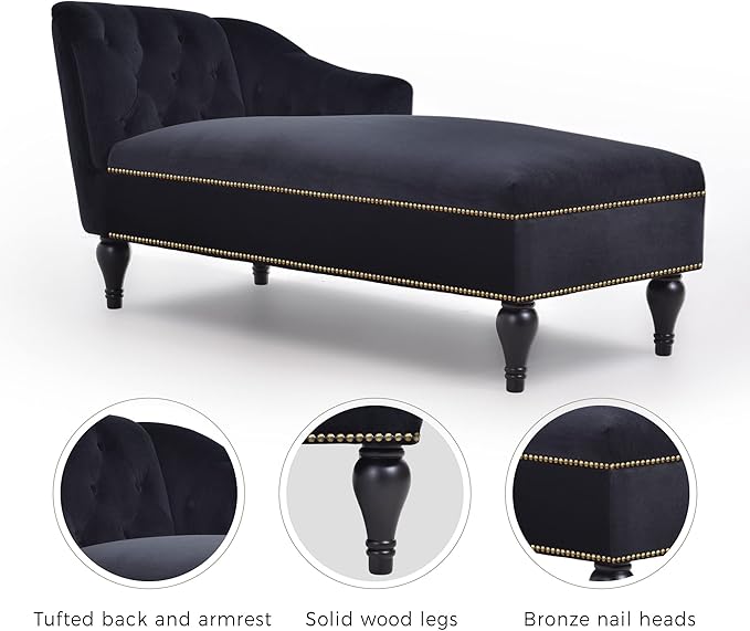 Luxe Velvet Chaise Lounge 58-Inch Right Arm Tufted Sofa with Bronze Nailhead Trim Black Velvet Upholstery Solid Wood Legs for Living Room