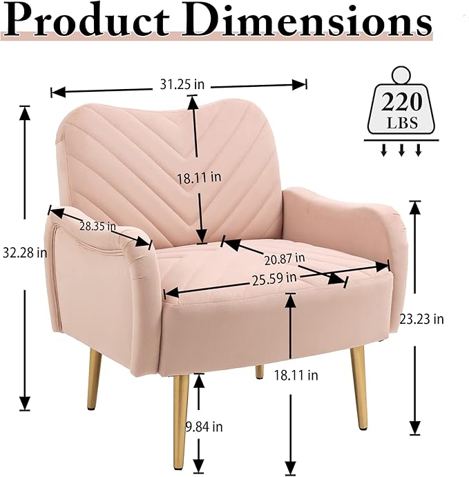 Velvet Accent Chair Comfy Upholstered Living Room Arm Chair Single Reading Sofa Chairs for Bedroom Office Small Spaces Waiting Room Furniture (Pink Chair)
