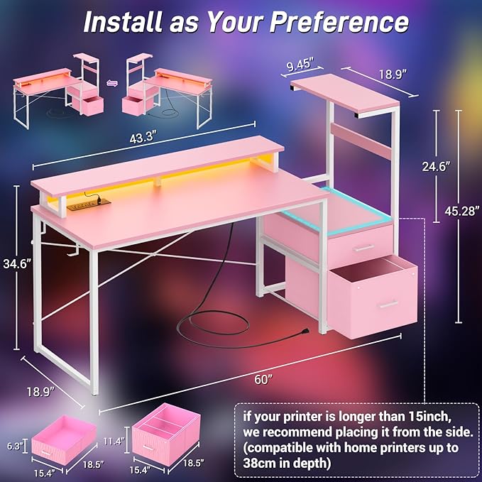 Aheaplus Gaming Desk with LED Strip &amp Power Outlet 59Inch Reversible Computer Desk with Monitor Stand &amp Storage Shelves Home Office Desks with Fabric File Drawer Gamer Table PC Desk Pink